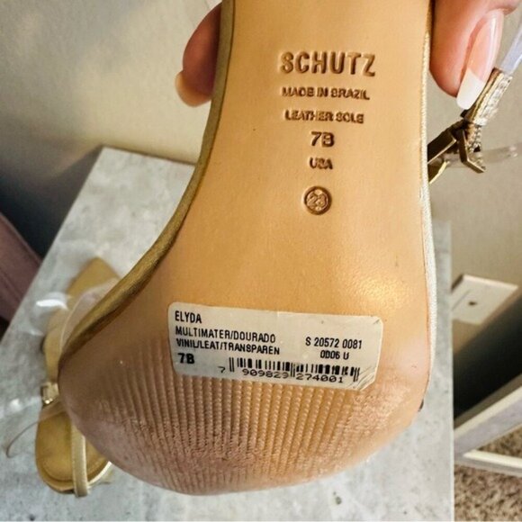 Schutz Elyda Vinyl & Metallic LeatherSandal - 7 / Gold - Picture 10 of 11